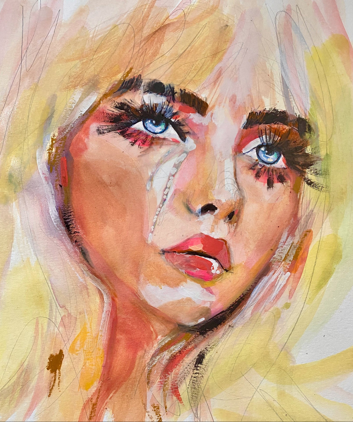 Artistic depiction of a woman's Billie Eilish's face with bold makeup and blonde hair.