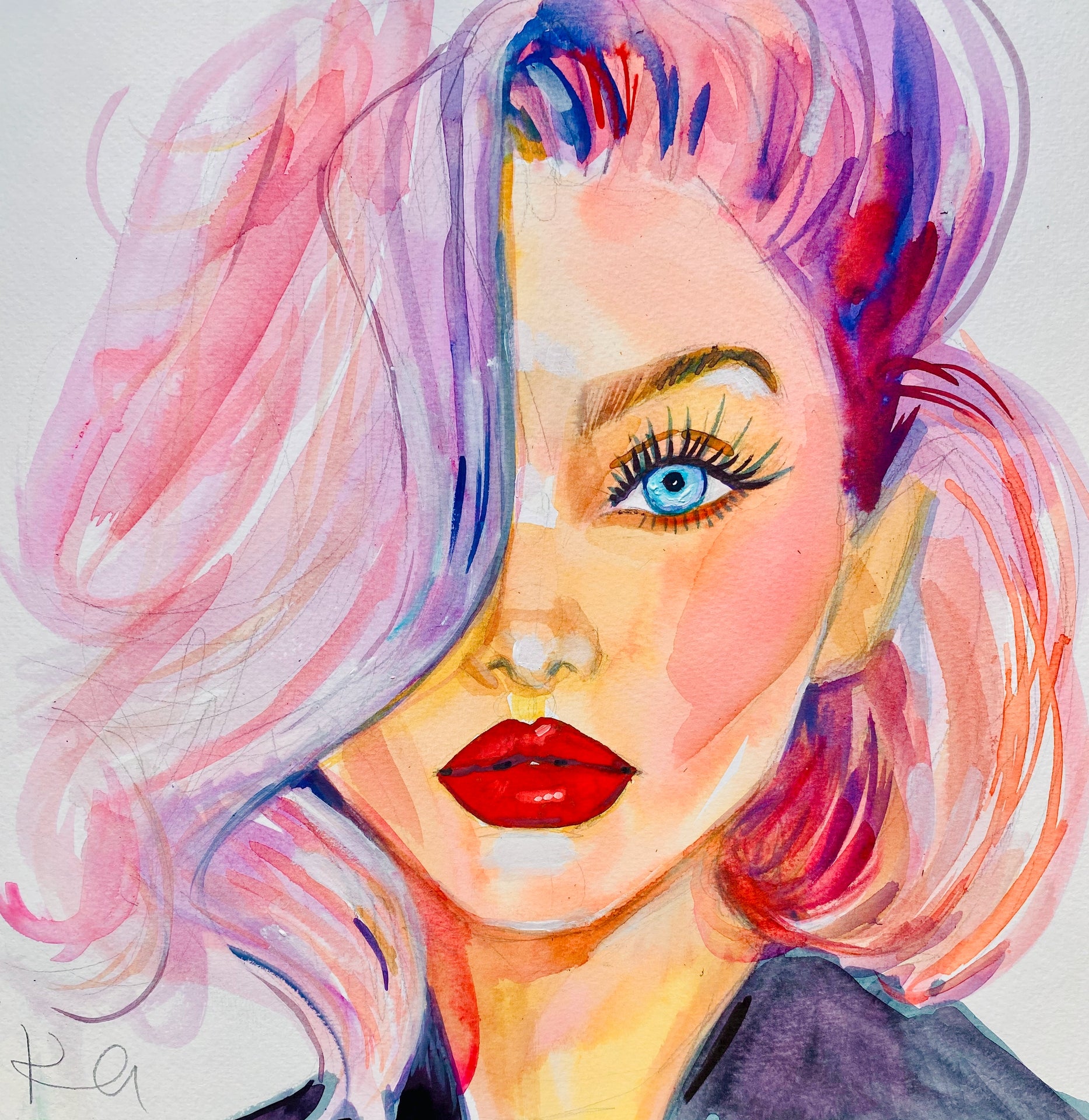 Pink Hair Red Lip Print