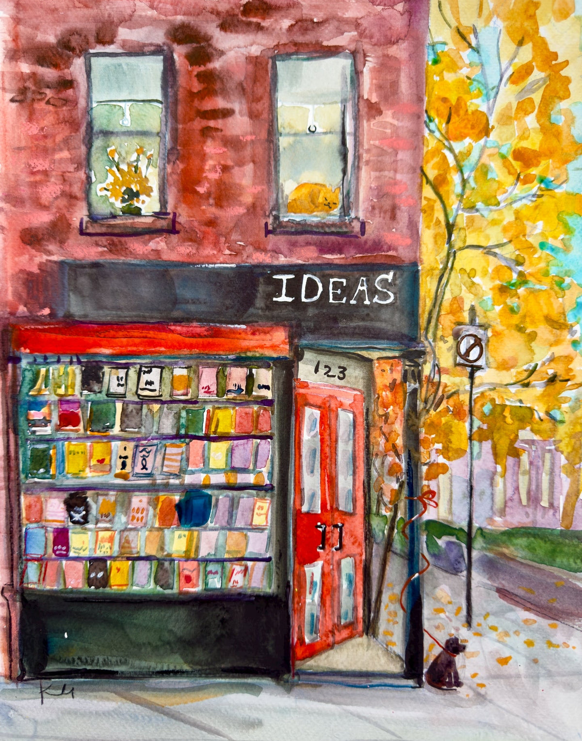 Illustration of a bookshop named 'Ideas' with autumn scenery
