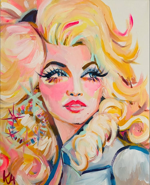 A colorful pop-art style portrait painting of a woman with voluminous blonde hair, pink cheeks, and bold blue and pink accents, filling the frame.