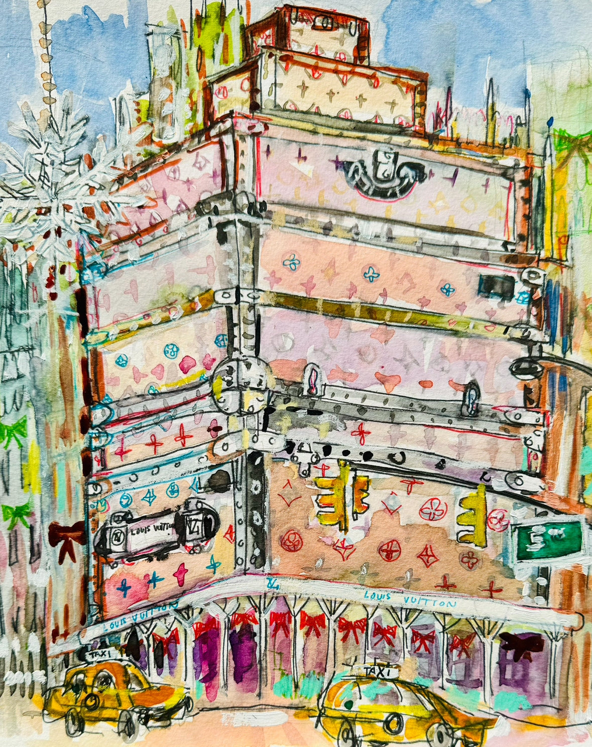 Colorful illustration of a building with decorative elements and taxis below.